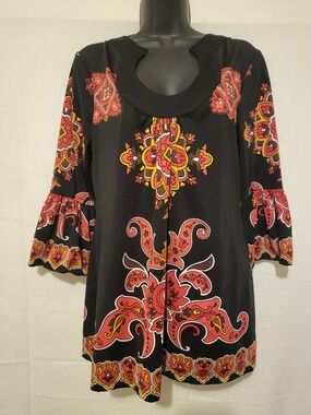 INC International Concepts Black Tunic Top with Red & Yellow Floral Medallions